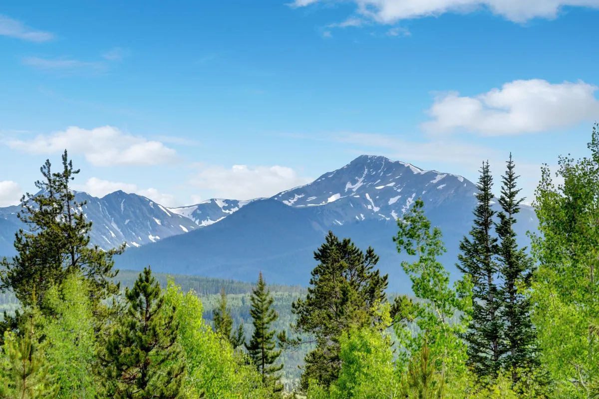 A panoramic view featuring snow-capped mountains, lush forests, and a vibrant blue sky. The scene captures the grandeur of the Rockies and hints at the many outdoor adventures available, such as hiking and wildlife observation.