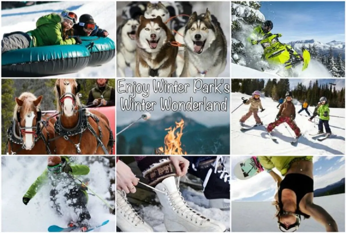 A lively outdoor scene with families and children engaging in winter activities like snow tubing, dog sledding, snowmobiling, and skiing. The image conveys energy, community, and excitement, with a cozy fire pit gathering at the center.