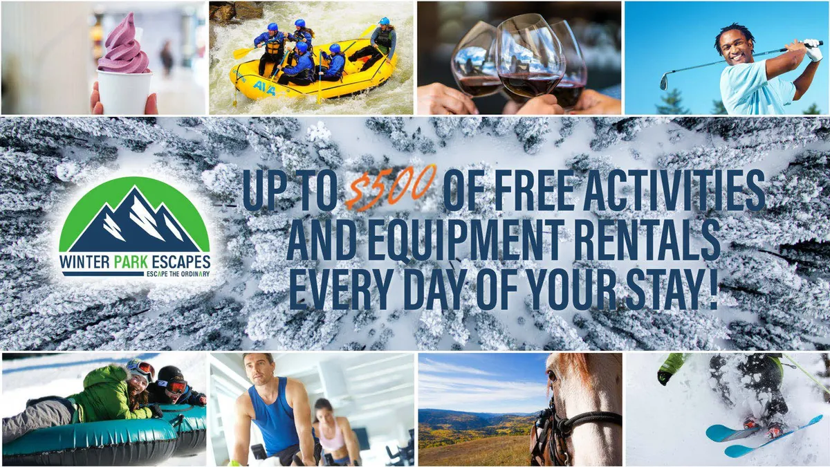 A lively collage of guests engaging in a variety of adventure activities: whitewater rafting, skiing, horseback riding, golfing, and enjoying delicious local cuisine indoors. The backdrop includes natural landscapes, blending adventure with comfort.