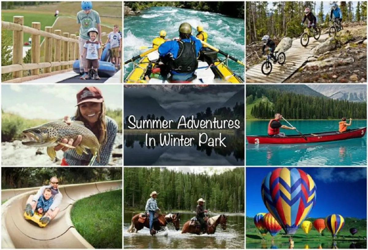 A vibrant exterior scene showcasing families enjoying a variety of summer activities, including rafting, biking, kayaking, and hot air ballooning, set against a picturesque Rocky Mountain landscape.