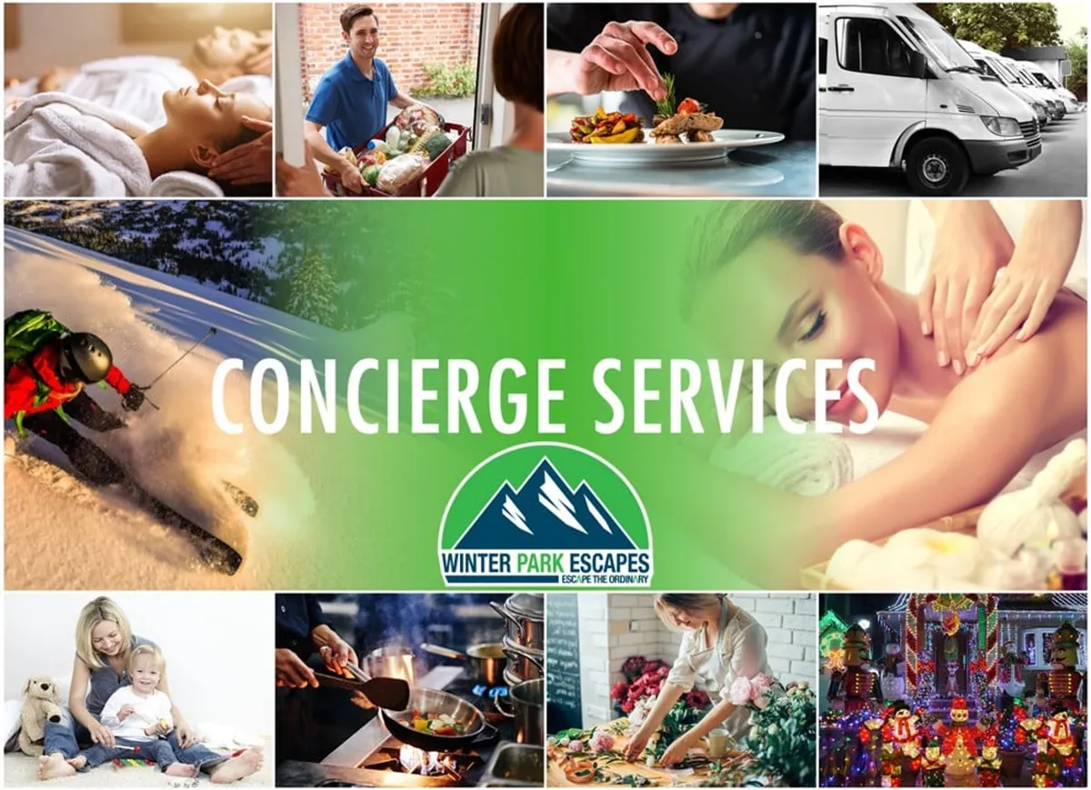 A visual montage featuring spa treatments, a concierge delivering groceries, gourmet in-home dining, exhilarating skiing, family bonding, and festive holiday celebrations—all set in inviting, luxurious environments.
